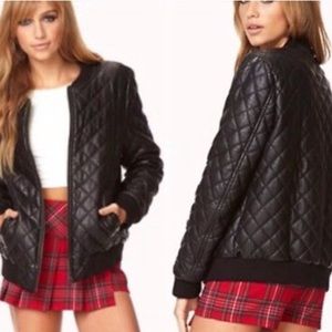 Black faux leather quilted bomber jacket